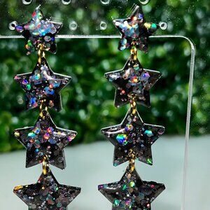 Black Holographic Star Dangle Statement Earrings Post Stud Shiny Sparkle